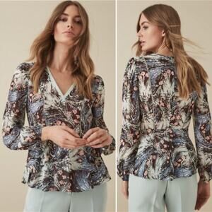 Reiss Womens Top Size 4 Greta Grass Floral Printed Long Sleeve V Neck Blouse